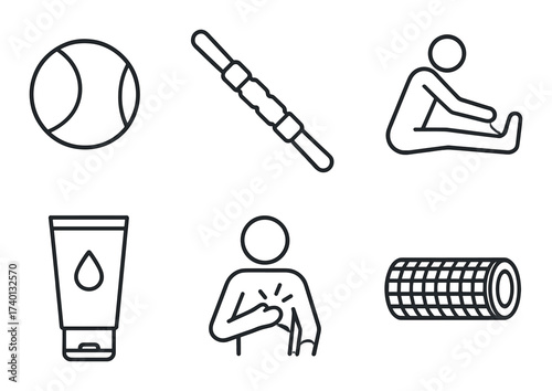 Essential fitness recovery tools - massage roller, foam roller, exercise icons