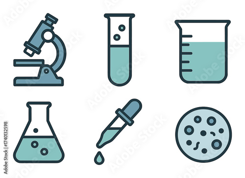 Laboratory equipment icons: microscope, test tubes, beaker, petri dish, dropper
