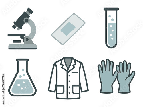Laboratory equipment icons featuring microscope test tubes and lab coat in grey tones