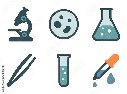 Laboratory tools and equipment icons with microscope, beaker, and pipette