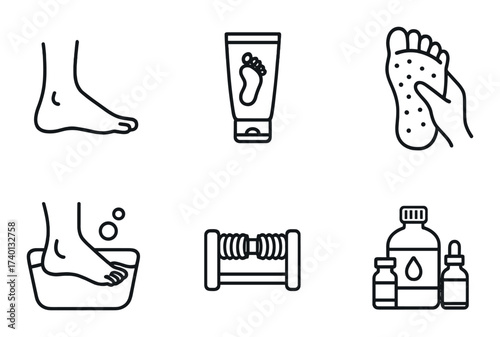 Illustrated foot care icons featuring cream, scrub, soak, roller, and oil