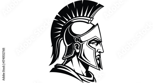 Spartan warrior head wearing helmet in black and white illustration