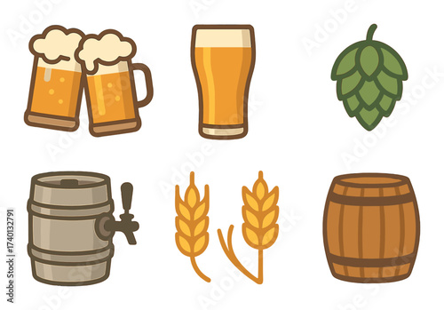 Craft beer icons with beer glasses, hops, barrels, and wheat on brown background