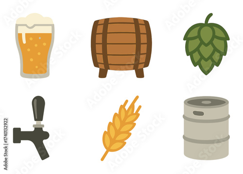 Beer brewing elements: pint, barrel, hop, tap, grain, keg icons