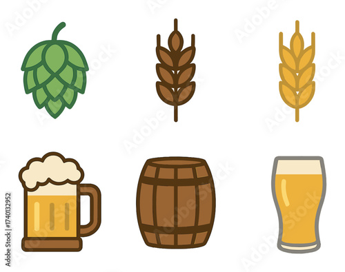 Beer brewing icons with hop, wheat, barrel, and mug on gradient background