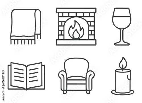 Cozy home icons featuring fireplace, armchair, blanket, book, candle, and wine glass