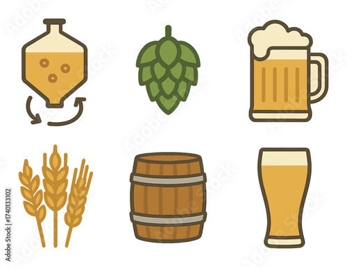 Craft beer icons featuring brewing ingredients and equipment