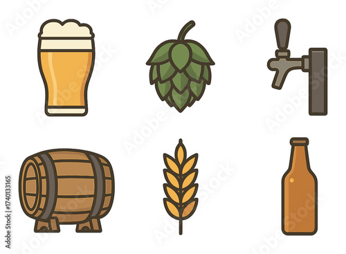 Craft beer icon set featuring pint, hop, barrel, wheat, tap, and bottle