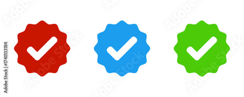Three colorful verified badges with checkmarks on a white background
