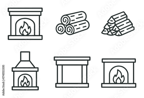 Simple fireplace and woodpile icons for home heating and interior design