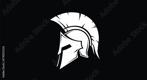 White spartan helmet illustration on a solid black background