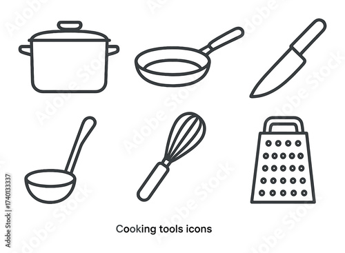 Set of kitchen utensils with pot, pan, knife, ladle, whisk, and grater icons