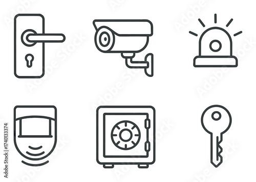 Security icons: door lock, camera, alarm, sensor, safe, key