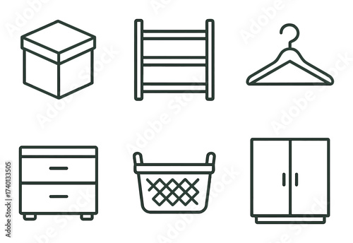 Household storage solutions: box, basket, shelf, drawer, cabinet, hanger icons