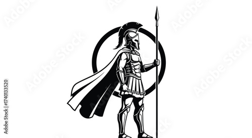 Spartan warrior stands tall with spear in a black and white design