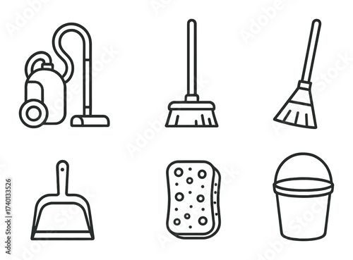 Household cleaning tools icons - vacuum, broom, mop, dustpan, sponge, bucket