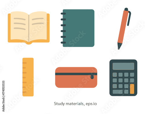 Colorful study tools illustration: notebook, calculator, pen, ruler, book, pencil case