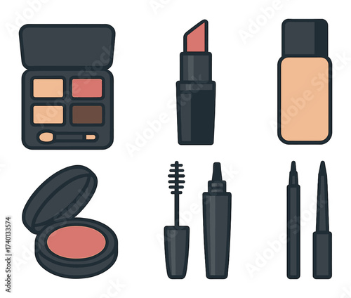 Minimalist makeup icon set with lipstick and eyeshadow palette