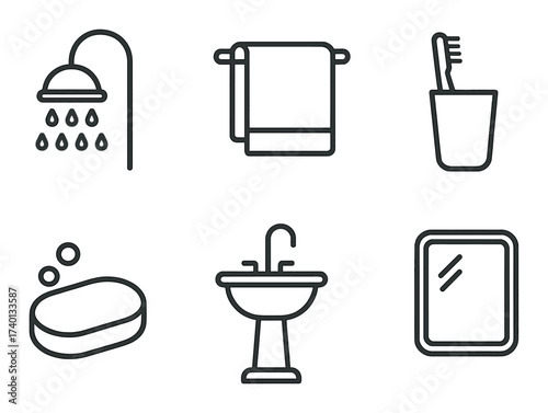 Minimalist bathroom icons: shower, towel, toothbrush, soap, sink, mirror