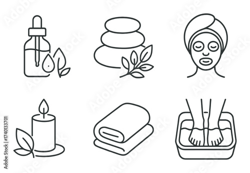 Minimalist spa icons: skincare, aromatherapy, relaxation, foot bath, beauty routine