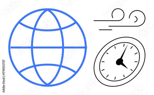 Blue globe, wind lines, and clock representing worldwide communication, speed, and change. Ideal for global vision, technology, efficiency, progress time management connectivity simple flat