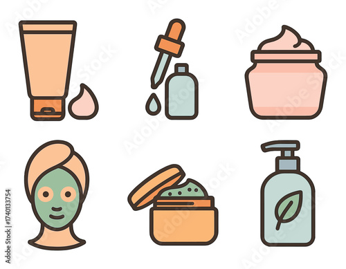 Skincare products icons set with creams, bottles, and facial masks on gradient background