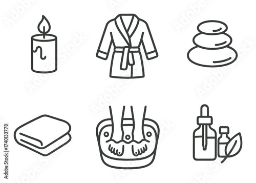 Spa icons: candle, robe, stones, towel, foot bath, oils for relaxation and wellness