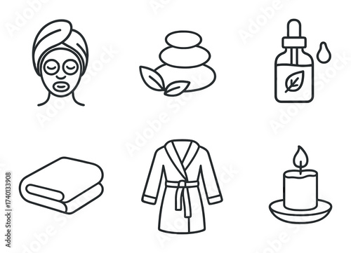 Spa and wellness icons featuring candle, towel, robe, face mask, essential oil, and stones