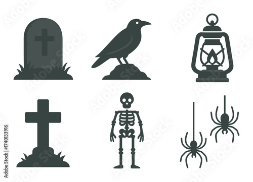 Dark halloween symbols: grave, raven, lantern, cross, skeleton, spiders