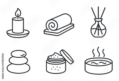 Relaxing spa icons: candle, towel, aroma sticks, stones, scrub, hot tub
