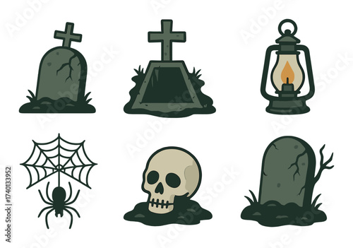 Halloween gravestones and skull with spider and lantern icons on dark background