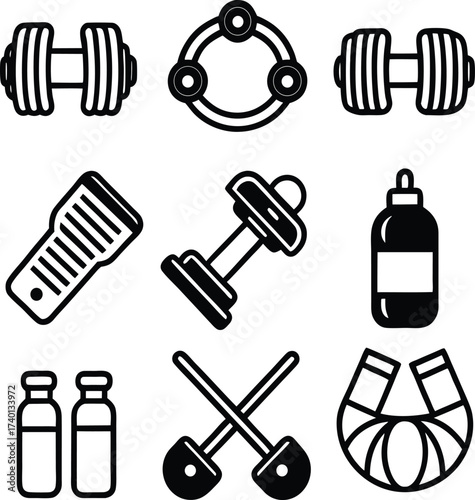 Fitness icons set dumbbells medicine ball massage gun barbells weightlifting gear and supplements for gym workout training health and wellness