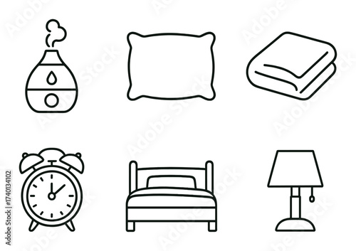 Bedroom essentials icons: humidifier, pillow, blanket, clock, bed, lamp