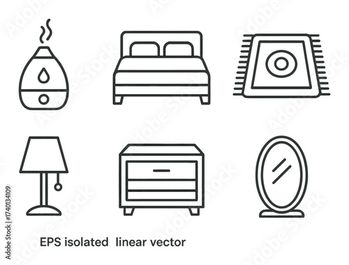 Minimalist home decor: bedroom furniture and accessories icons set
