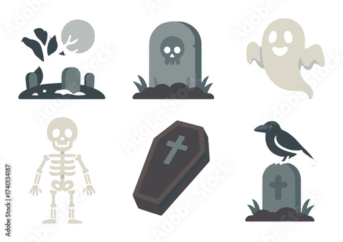 Ghostly night scene with tombstones, skeleton, coffin, and raven