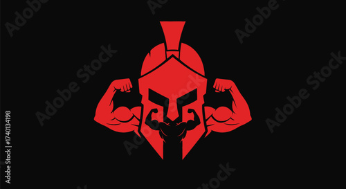 Red spartan helmet flexing biceps on a black background design art