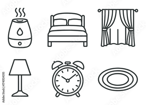 Monochrome home icons: bed, curtains, humidifier, lamp, clock, rug