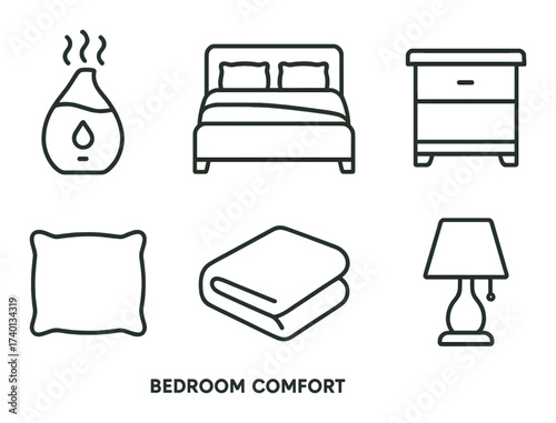 Bedroom comfort essentials: aroma diffuser, bed, nightstand, pillow, blanket, lamp icons