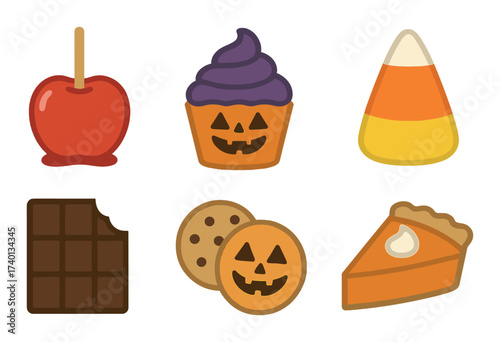 Halloween treat icons: candy apple, pumpkin cupcake, candy corn, chocolate, cookies, pumpkin pie