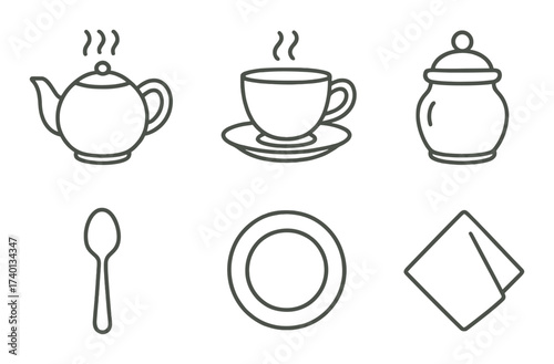 Tea icon set with teapot, cup, sugar bowl, spoon, plate, and napkin silhouettes
