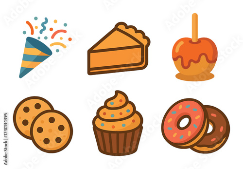 Festive dessert icons: cupcake, pie, cookies, donuts, apple, cone