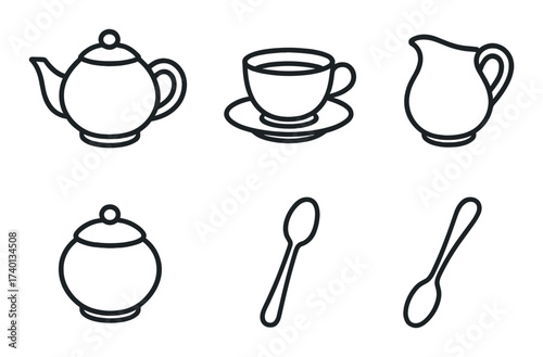 Black and white tea set: teapot, cup, creamer, sugar bowl, and spoon silhouettes