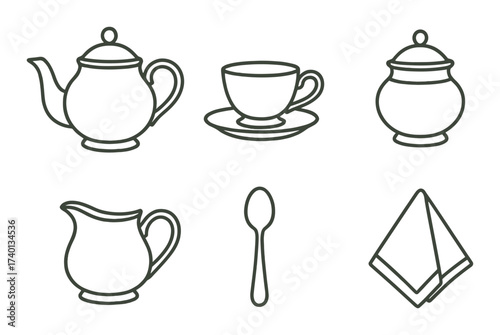 Elegant tea set outline with teapot, cup, sugar bowl, creamer, spoon, and napkin