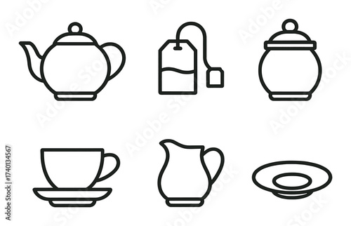 Elegant tea set icons featuring teapot, teacup, tea bag, and sugar bowl on green background