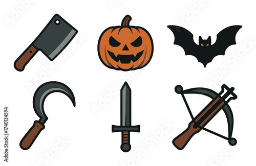 Halloween icons: pumpkin, bat, knife, sickle, sword, crossbow on dark background