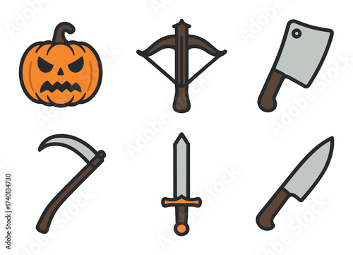 Halloween icons: pumpkin, crossbow, cleaver, scythe, sword, knife on dark background