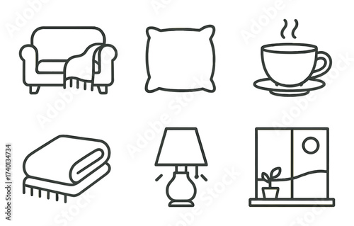Cozy home essentials icons: sofa, pillow, coffee cup, blanket, lamp, window with plant