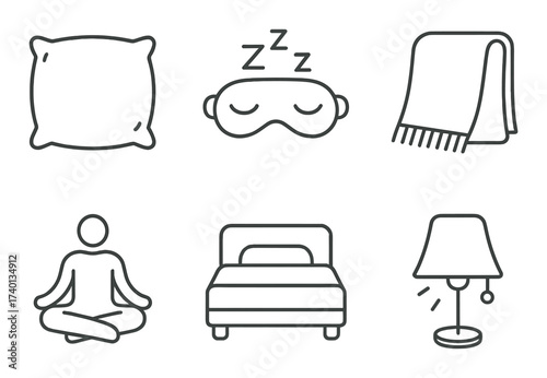 Sleep essentials: pillow, eye mask, blanket, meditation, bed, lamp icons