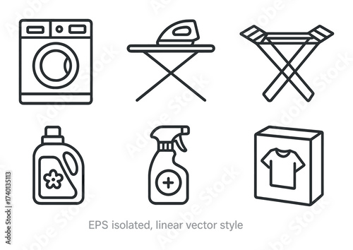 Monochrome household laundry icons featuring washer ironing board detergent box