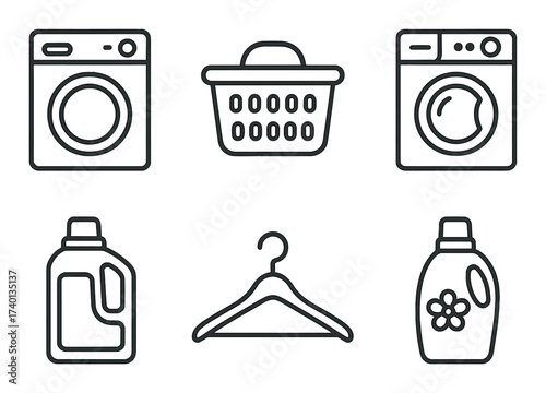 Laundry symbols: washing machines, detergent bottles, laundry basket, hanger icons